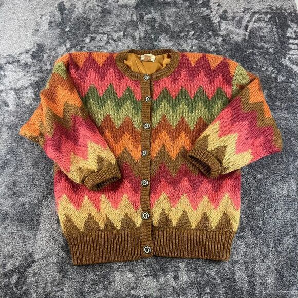 Vtg Susan Bristol Knitted Mohair Wool Cardigan Sweater Chevron Lined Colorful L - Picture 1 of 9